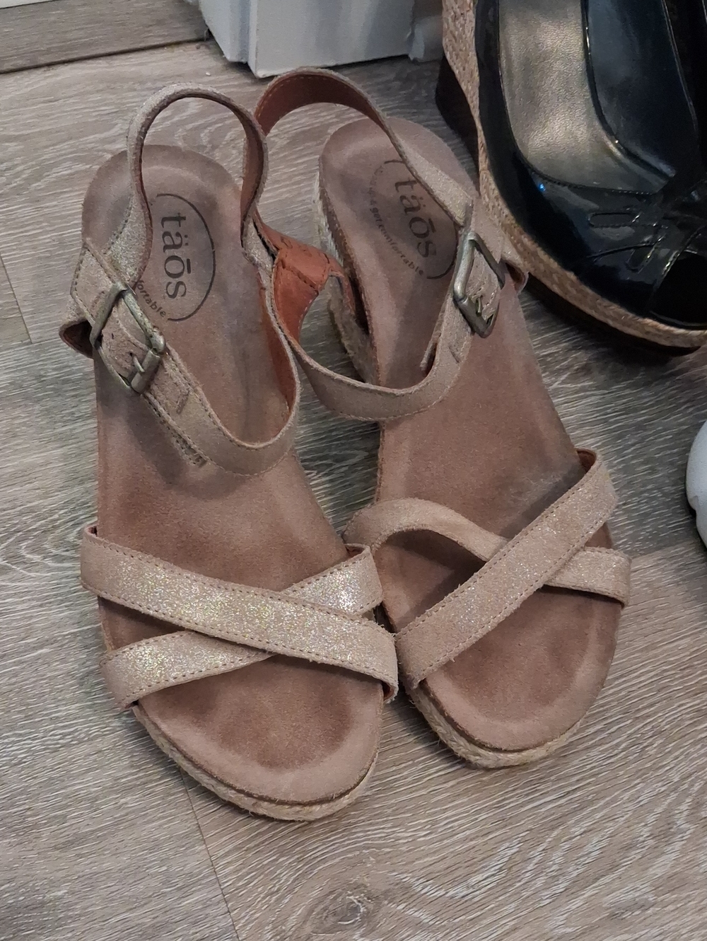 Taos Footwear Taupe Glitter Suede Wedge Sandals